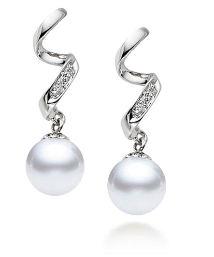 7-9.5mm AAA Japanese Akoya Cultured Pearl Earrings 14k Gold & Diamonds