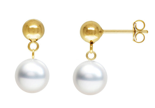 7-9.5mm AAA Japanese Akoya Cultured Pearl Earrings 14k Yellow Gold