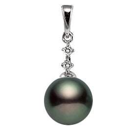 7-9.5mm AAA Japanese Black Akoya Pearl Pendant 14k White Gold & Diamonds