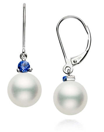7-9.5mm AAA Japanese Cultured Akoya Pearl Earrings 14k White Gold & Sapphires