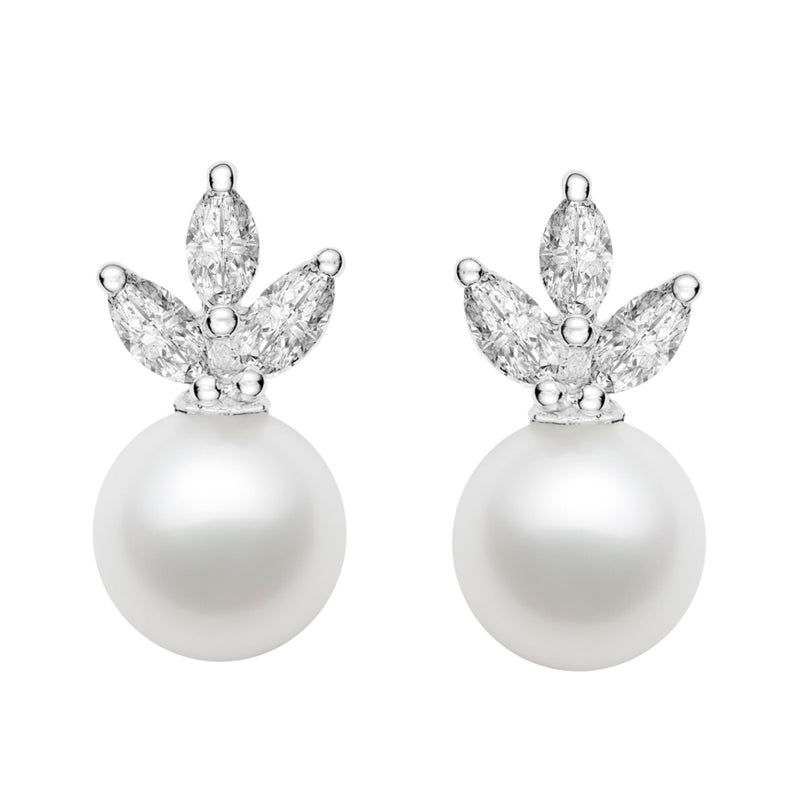 7-9.5mm AAA Japanese Cultured Akoya Pearl Earrings 14k White Gold & White Sapphires