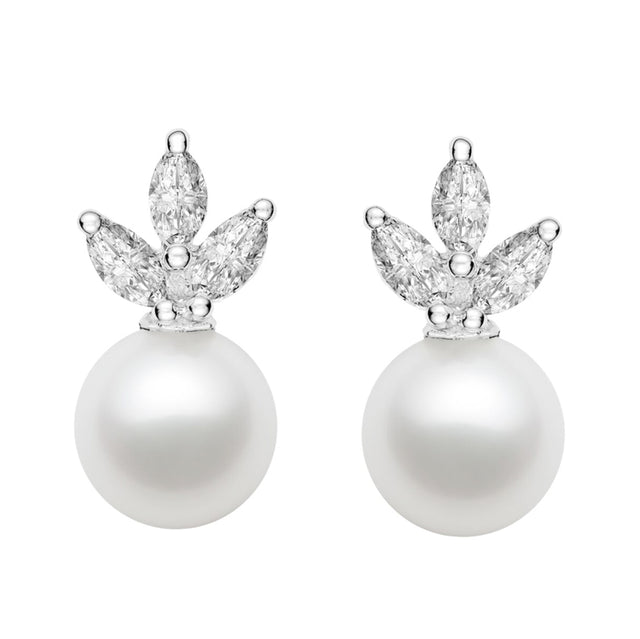 7-9.5mm AAA Japanese Cultured Akoya Pearl Earrings 14k White Gold & White Sapphires