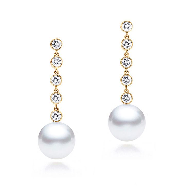 7-9.5mm AAA Japanese Cultured Akoya Pearl Earrings 18k Yellow Gold & Diamonds