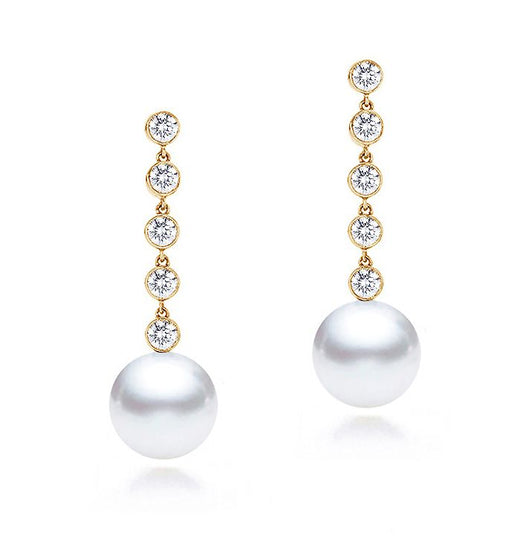7-9.5mm AAA Japanese Cultured Akoya Pearl Earrings 18k Yellow Gold & Diamonds