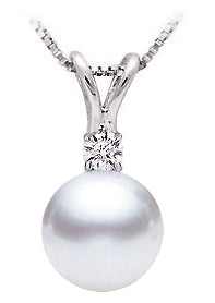 7-8mm AAA Japanese White Akoya Pearl Pendant 14k Gold & Diamond
