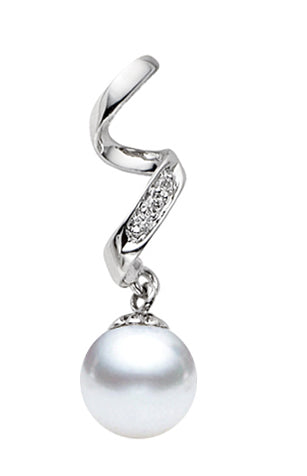 7-9.5mm AAA Japanese White Akoya Pearl Pendant 14k Gold & Diamonds