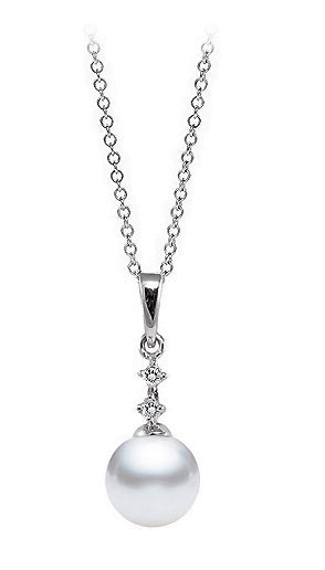 7-9.5mm AAA Japanese White Akoya Pearl Pendant 14k White Gold & Diamonds