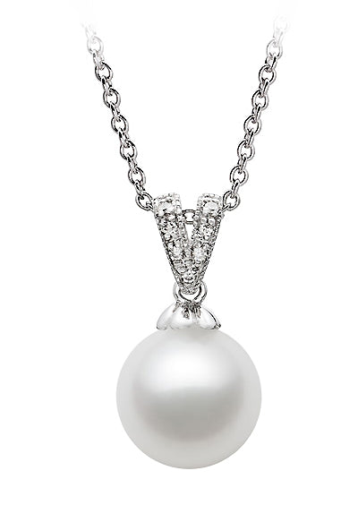 7-9.5mm AAA Japanese White Akoya Pearl Pendant 14k White Gold & Diamonds
