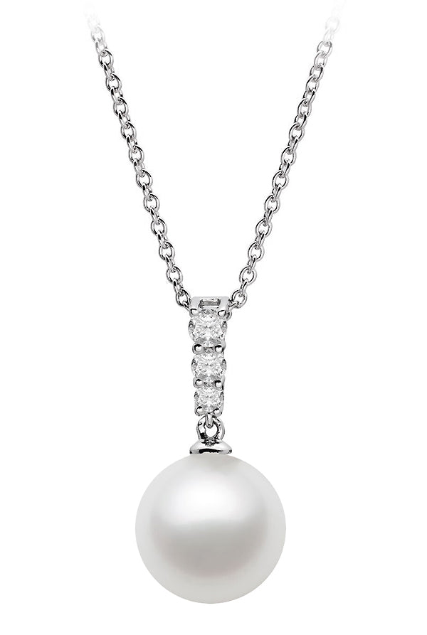 7-9.5mm AAA Japanese White Akoya Pearl Pendant 14k White Gold & White Sapphire