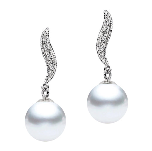 7-9mm AAA Japanese Akoya Cultured Pearl Earrings 14k Gold & Diamonds