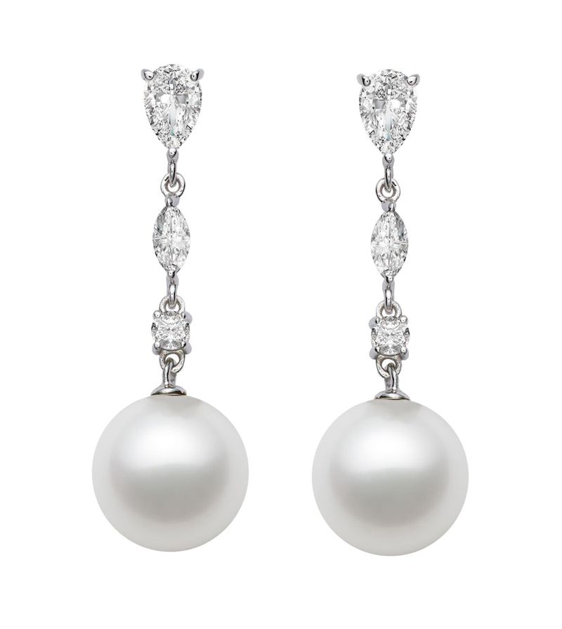7-9.5mm AAA Quality Japanese Akoya Cultured Pearl Earrings with 14k White Gold with White Sapphires