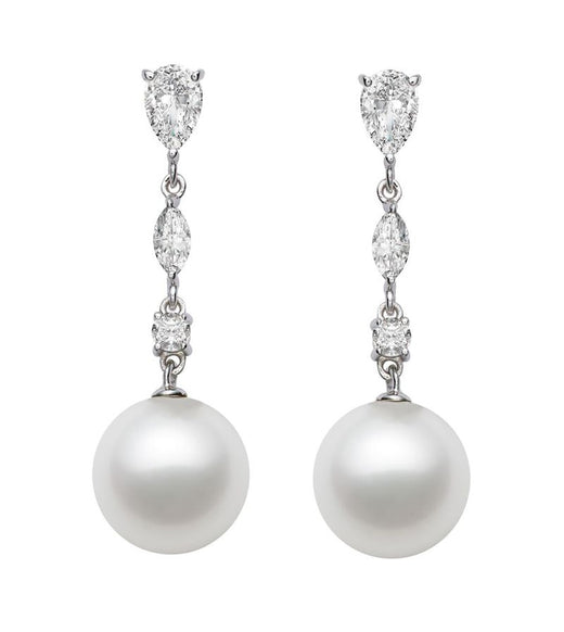 7-9.5mm AAA Quality Japanese Akoya Cultured Pearl Earrings with 14k White Gold with White Sapphires