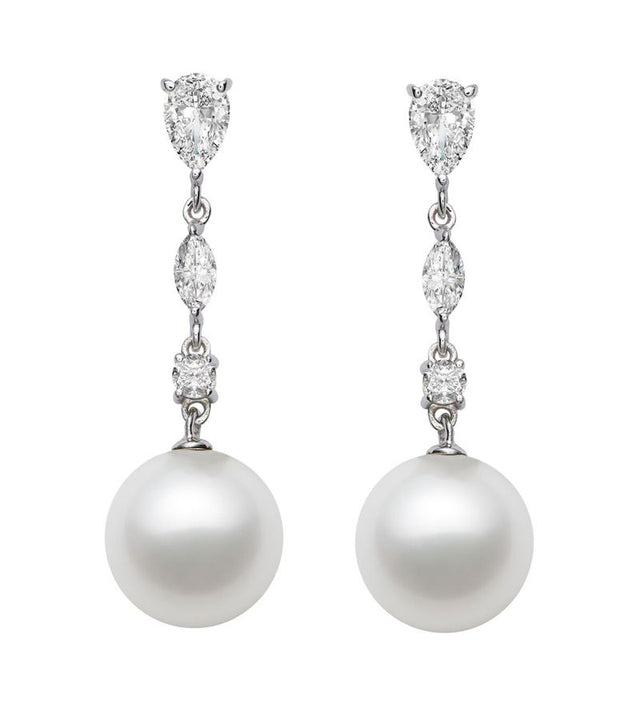 7-9.5mm AAA Quality Japanese Akoya Cultured Pearl Earrings with 14k White Gold with White Sapphires