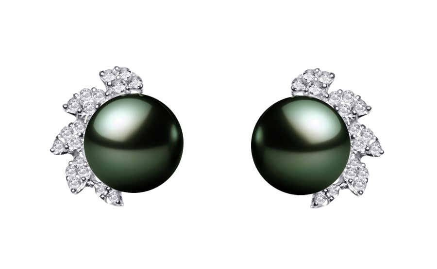 8.5-9mm AAA Quality Black Tahitian Pearl Earrings 14K White Gold and Diamonds