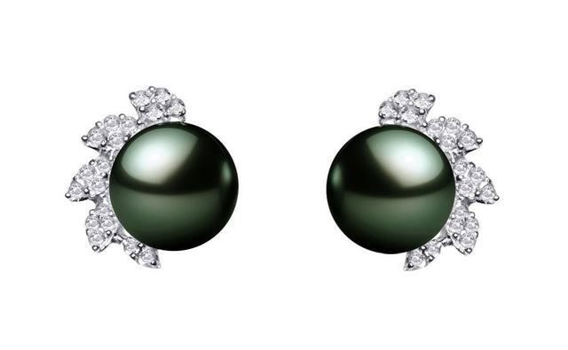 8.5-9mm AAA Quality Black Tahitian Pearl Earrings 14K White Gold and Diamonds