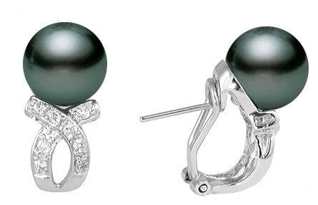8-11mm AAA Quality Black Tahitian Pearl Earrings 14K Gold and Diamonds