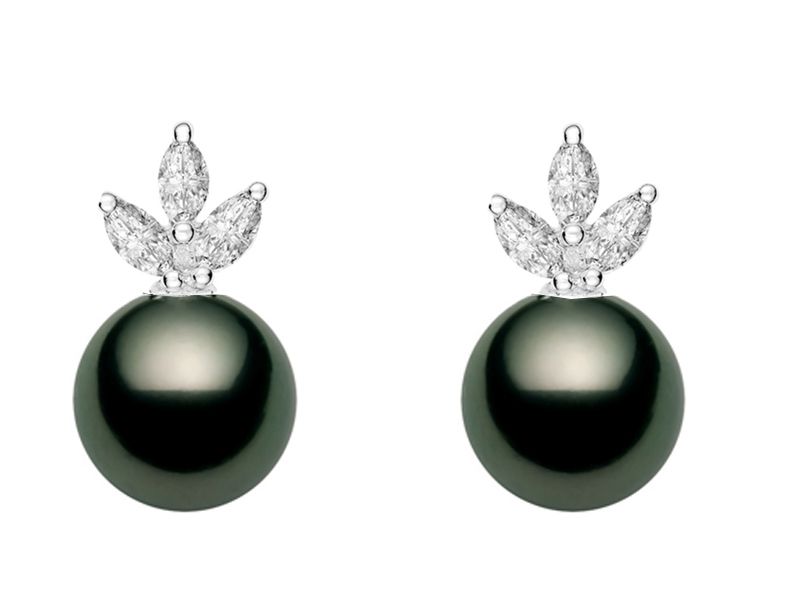 10-13mm AA+ Quality Black Tahitian Pearl Earrings 14K White Gold and White Sapphires