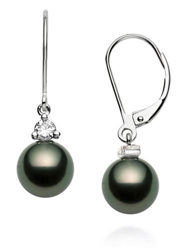 10-13mm AA+ Quality Black Tahitian Pearl Earrings 14K White Gold and Diamonds