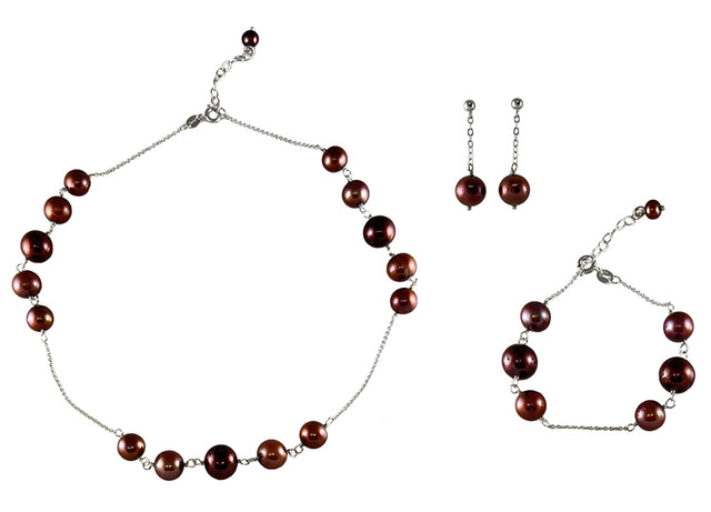 8.5-10.5mm Tin Cup Classic Cocoa Freshwater Cultured Pearl Set on Sterling Silver Chain
