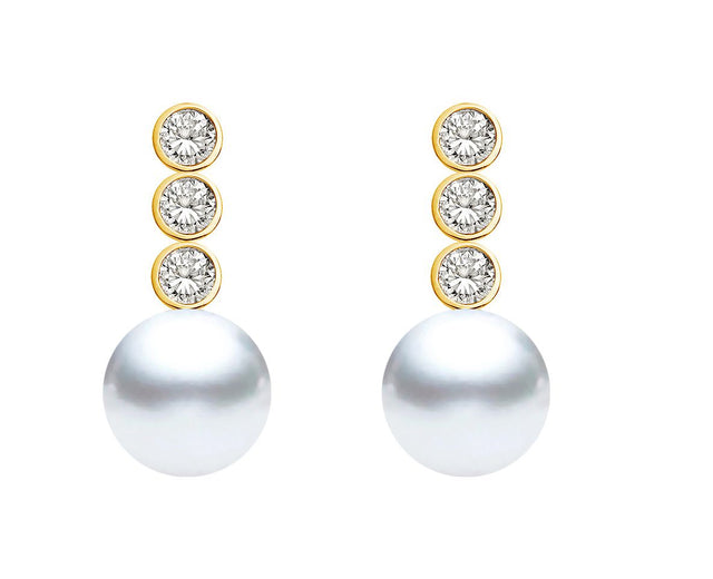 8-9.5mm AAA Japanese Cultured Akoya Pearl Earrings 18k Yellow Gold & Diamonds