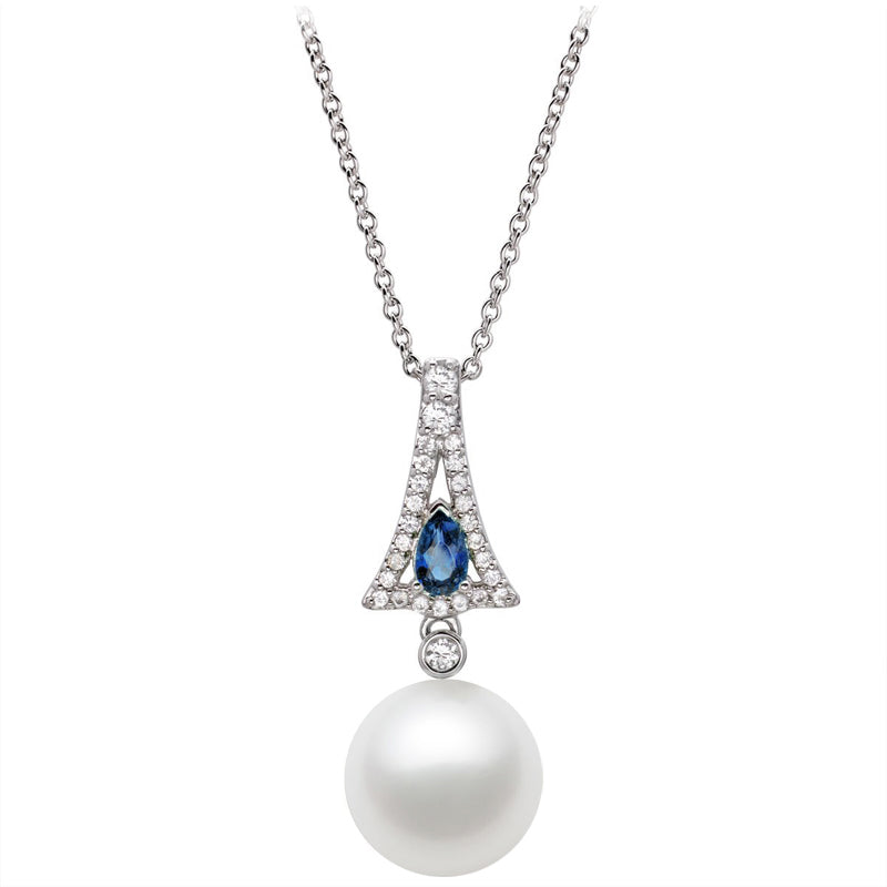 8.5-9.5mm AAA Japanese White Akoya Pearl Pendant 14k White Gold & White Sapphires and Blue Topaz