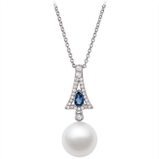 8.5-9.5mm AAA Japanese White Akoya Pearl Pendant 14k White Gold & White Sapphires and Blue Topaz