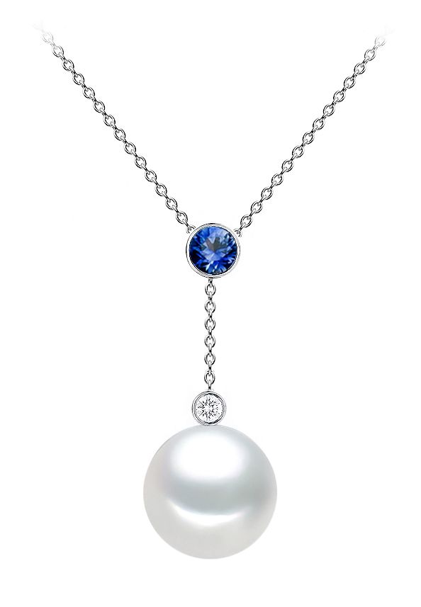 8.5-9.5mm AAA Japanese White Akoya Pearl Pendant with 16" Chain, Blue Sapphire & Diamond 14k White Gold