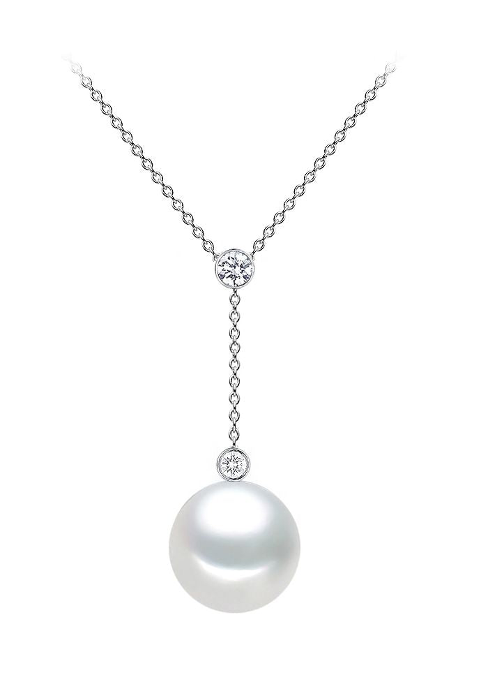 8.5-9.5mm AAA Japanese White Akoya Pearl Pendant with 16" Chain 14k White Gold & Diamonds