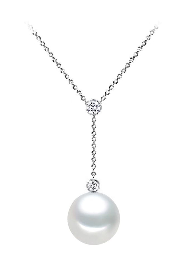 8.5-9.5mm AAA Japanese White Akoya Pearl Pendant with 16" Chain 14k White Gold & Diamonds