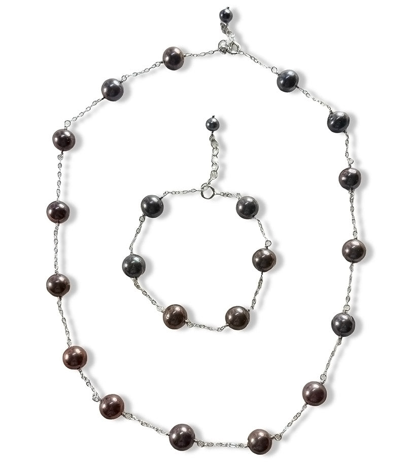 8.5-9.5mm Tin Cup Black Freshwater Cultured Pearl Necklace and Bracelet Set on Sterling Silver Chain