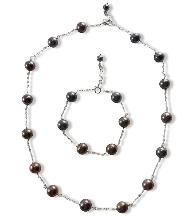8.5-9.5mm Tin Cup Black Freshwater Cultured Pearl Necklace and Bracelet Set on Sterling Silver Chain