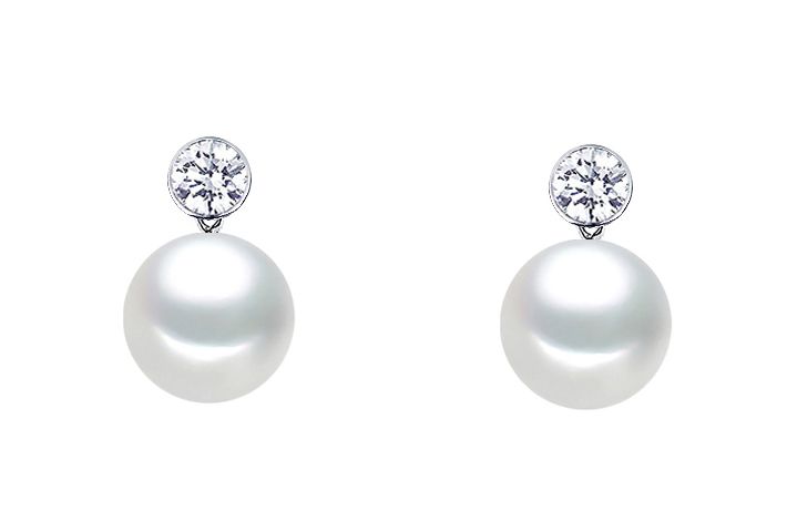 8.5-9mm AAA Japanese Akoya Cultured Pearl Dangling Earrings 18k White Gold & Diamonds