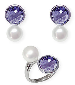 8.5-9mm White Freshwater Cultured Pearl Earrings and Ring Set in Sterling Silver and Purple Crystal