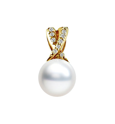 8-9.5mm AAA Japanese White Akoya Pearl Pendant 18k Gold & Diamonds