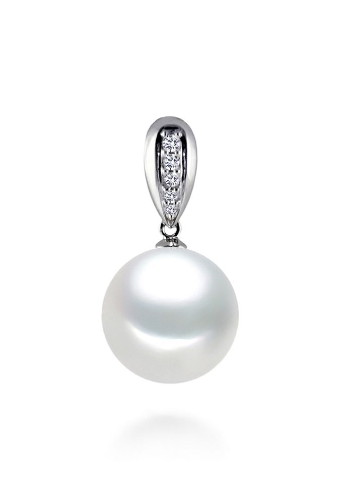 8-9.5mm AAA Japanese White Akoya Pearl Pendant 14k White Gold & Diamonds