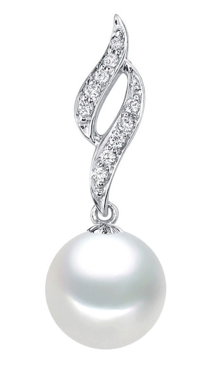 8-9.5mm AAA Quality White Japanese Akoya Pearl Pendant 14k White Gold & Diamonds