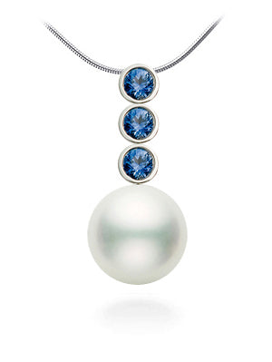 8-9.5mm AAA Quality White Japanese Akoya Pearl Pendant 14k White Gold & Sapphires