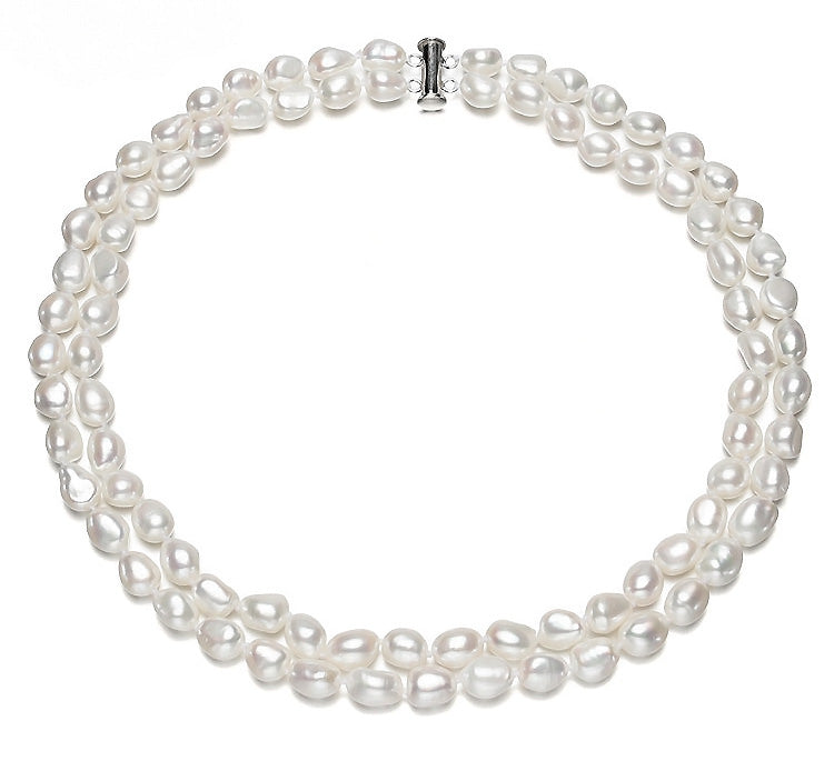 8-9mm Double Strand White Freshwater Pearl Necklace AA+ Quality 18"