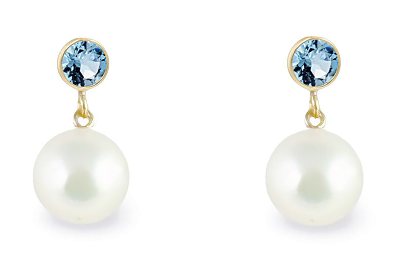 8mm White Akoya Cultured Pearl Dangle Earrings AAA Quality Gold Filled with Blue Topaz