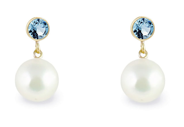 8mm White Akoya Cultured Pearl Dangle Earrings AAA Quality Gold Filled with Blue Topaz
