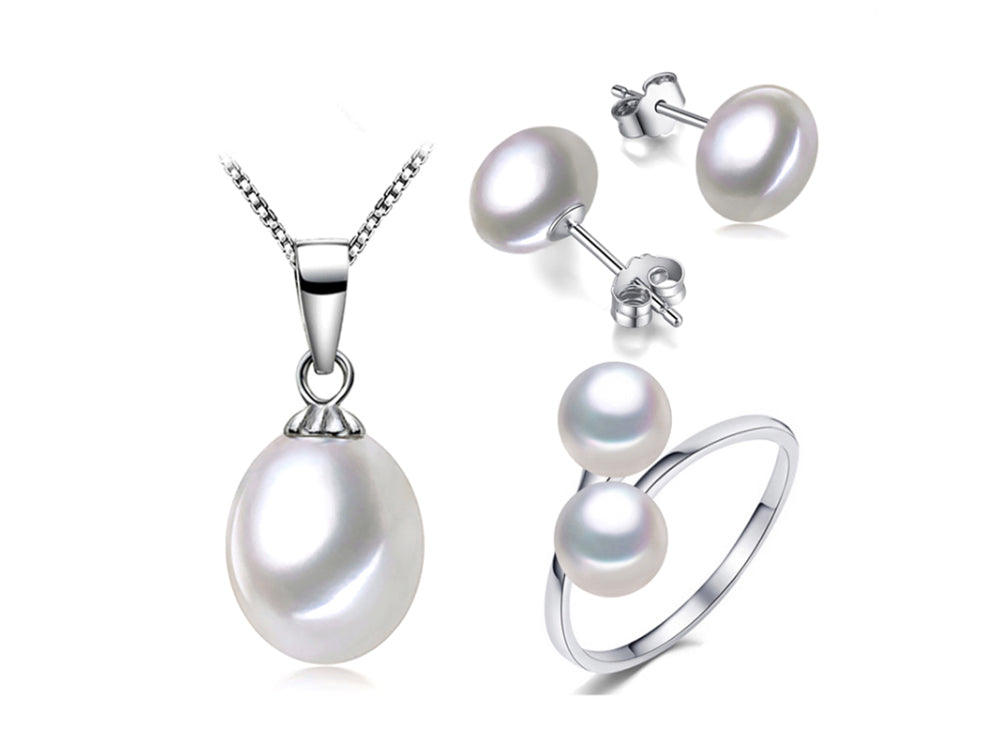 8mm White Freshwater Cultured Pearl Pendant Earrings and Ring Set AAA Quality Sterling Silver