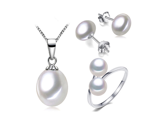 8mm White Freshwater Cultured Pearl Pendant Earrings and Ring Set AAA Quality Sterling Silver
