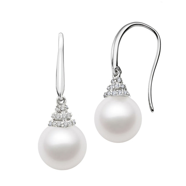 9-10.5mm Freshwater Pearl Earrings AAA Quality 14k White Gold & White Sapphires