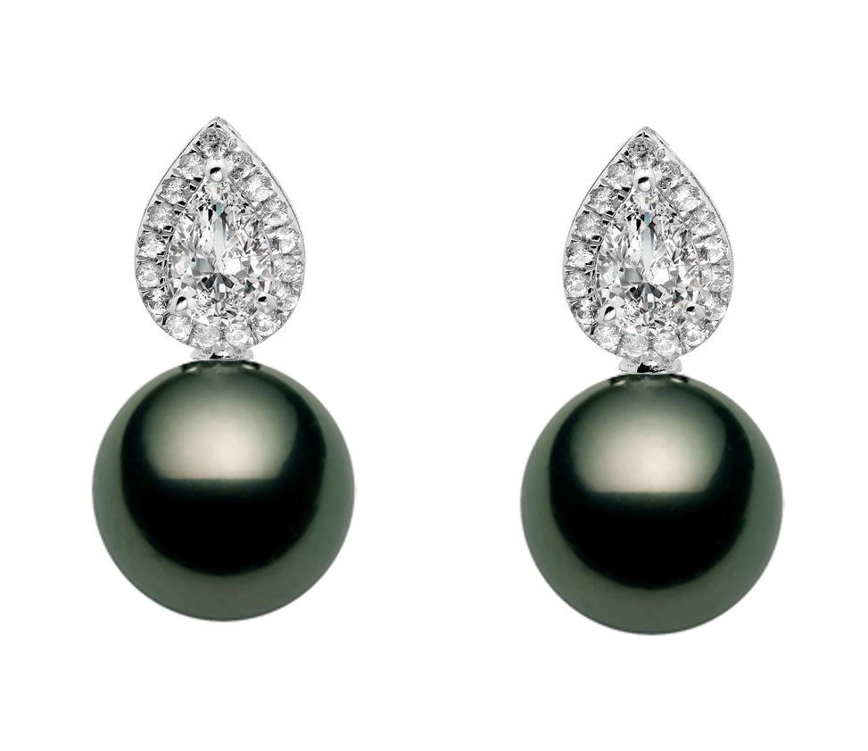 10-13mm AA+ Quality Black Tahitian Pearl Earrings 14K White Gold and White Sapphires