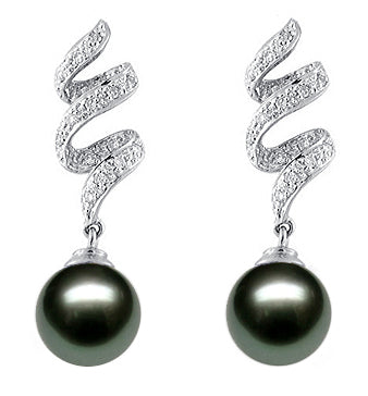 10-13mm AA+ Quality Black Tahitian Pearl Earrings 18K White Gold and Diamonds