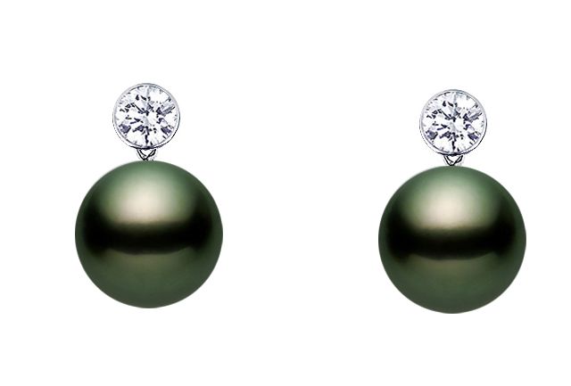 10-13mm AA+ Quality Black Tahitian Pearl Earrings 18K White Gold and Diamonds