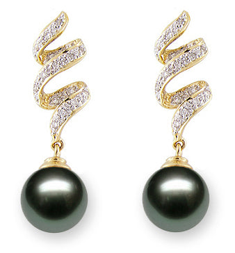 10-13mm AA+ Quality Black Tahitian Pearl Earrings 18K Yellow Gold and Diamonds