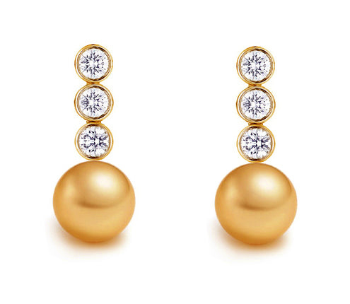 11-12MM AAA Quality Golden South Sea Pearl Earrings 18K Gold & Diamonds