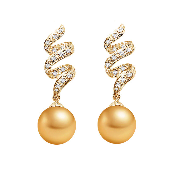 11-12MM AAA Quality Golden South Sea Pearl Earrings 18K Yellow Gold and Diamonds
