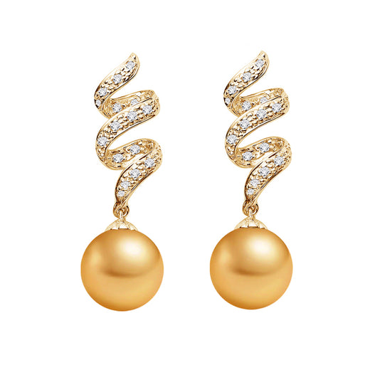 11-12MM AAA Quality Golden South Sea Pearl Earrings 18K Yellow Gold and Diamonds